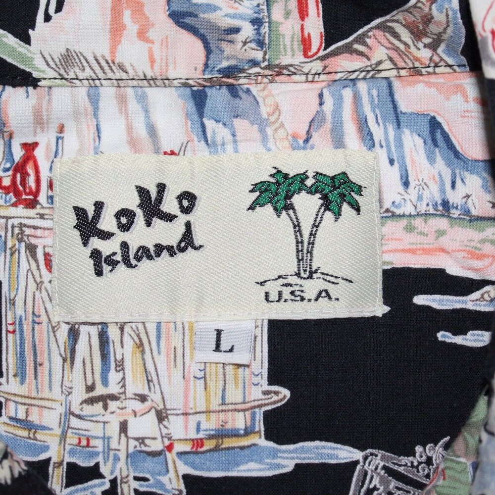 Koko Island Large Hula Hut Tiki Bar Lounge Floral Camp Aloha Hawaiian Shirt - Picture 6 of 10
